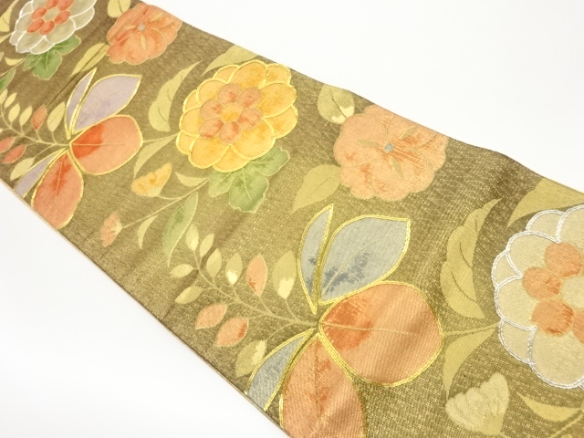 佐賀錦金・銀駒刺繍草花模様織出し袋帯